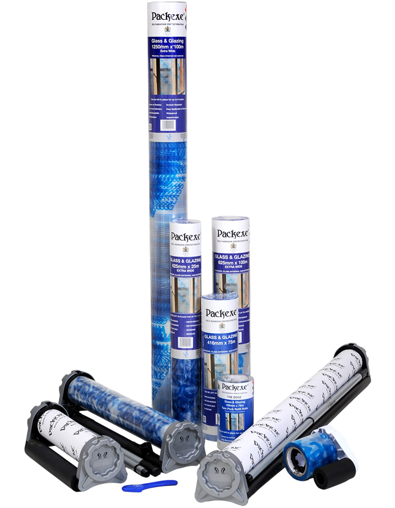 Packexe Glass & Glazing film protector group with all rolls and dispensers
